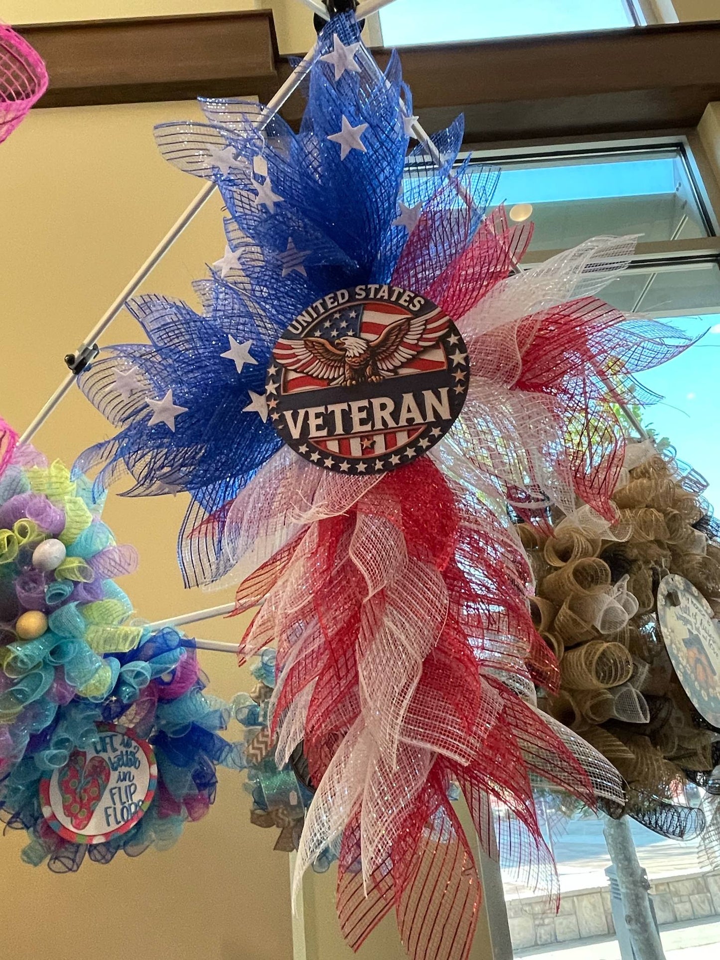 US Patriotic Veteran Feather Wreath – Red, White & Blue Tribute