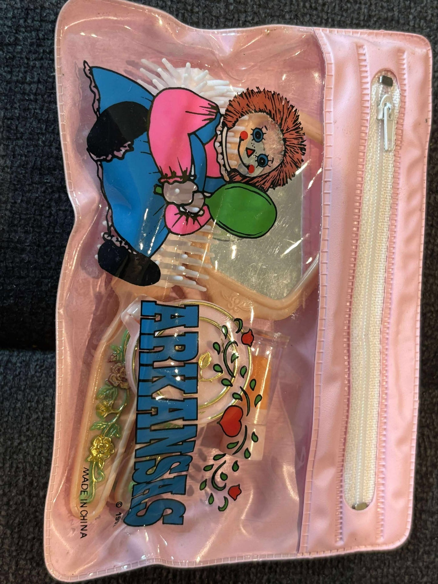 Vintage 1983 Arkansas Souvenir Girl’s Vanity Set – Rag Doll Theme with Comb, Brush, Mirror & Case