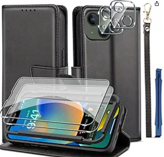 QsmQam Premium Leather Wallet Case for iPhone 14 Pro (6.1") – Black