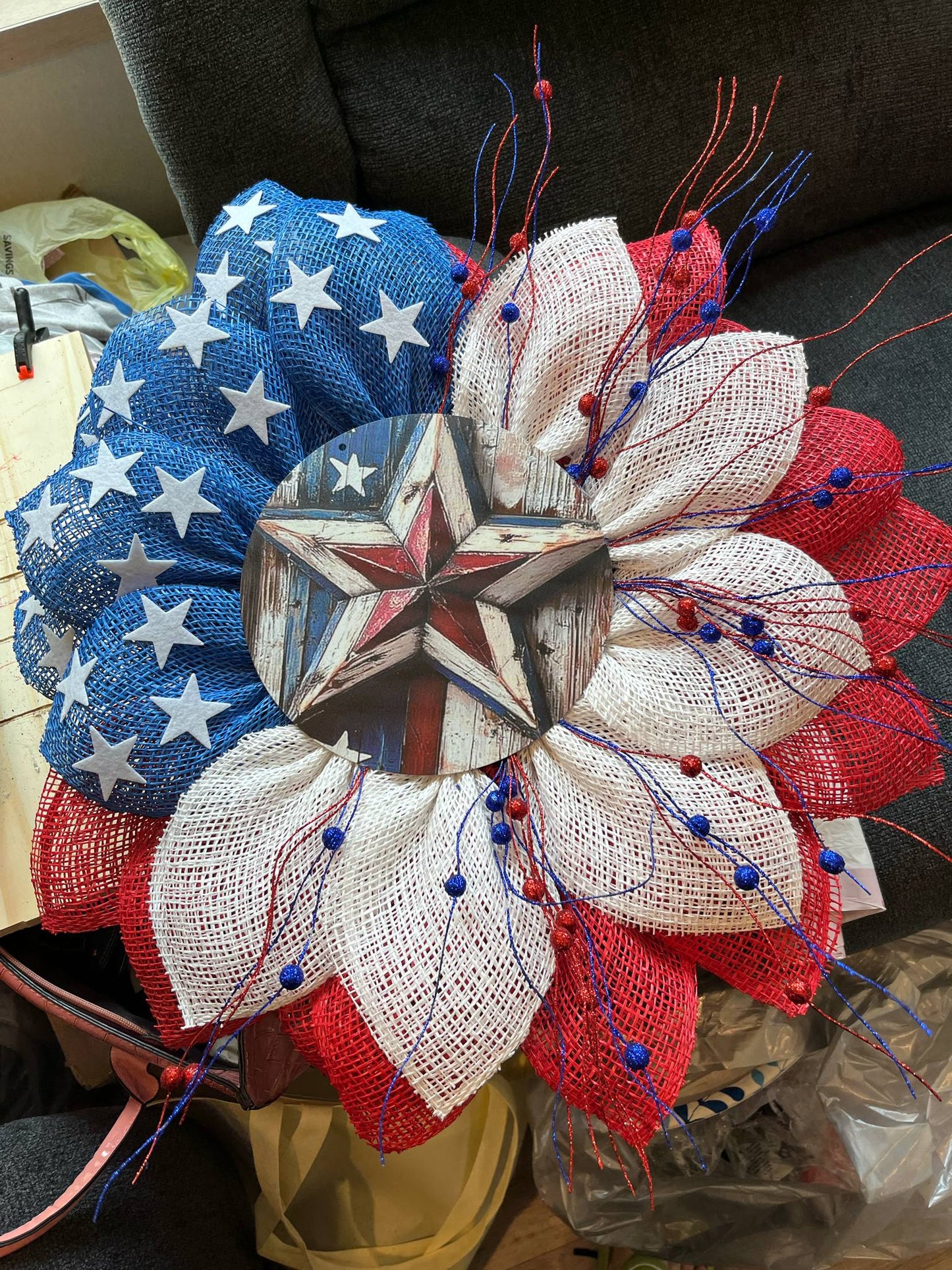 ⭐ Rustic Americana Starburst Wreath – Red, White & Blue Patriotic Décor