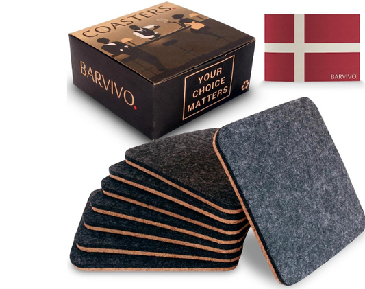 BARVIVO Felt & Cork Coasters – Square 8-Piece Set with Rivet Design (Black)