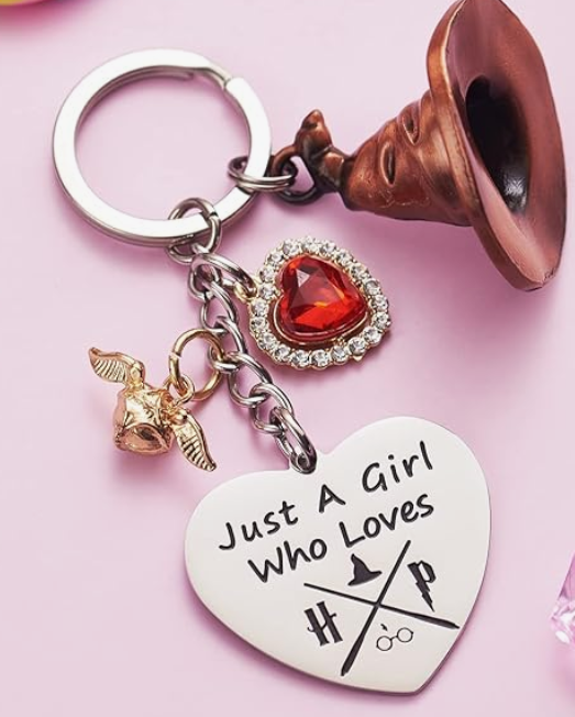 Just a Girl Who Loves HP” Charm Keychain – Heart & Sorting Hat Accessories